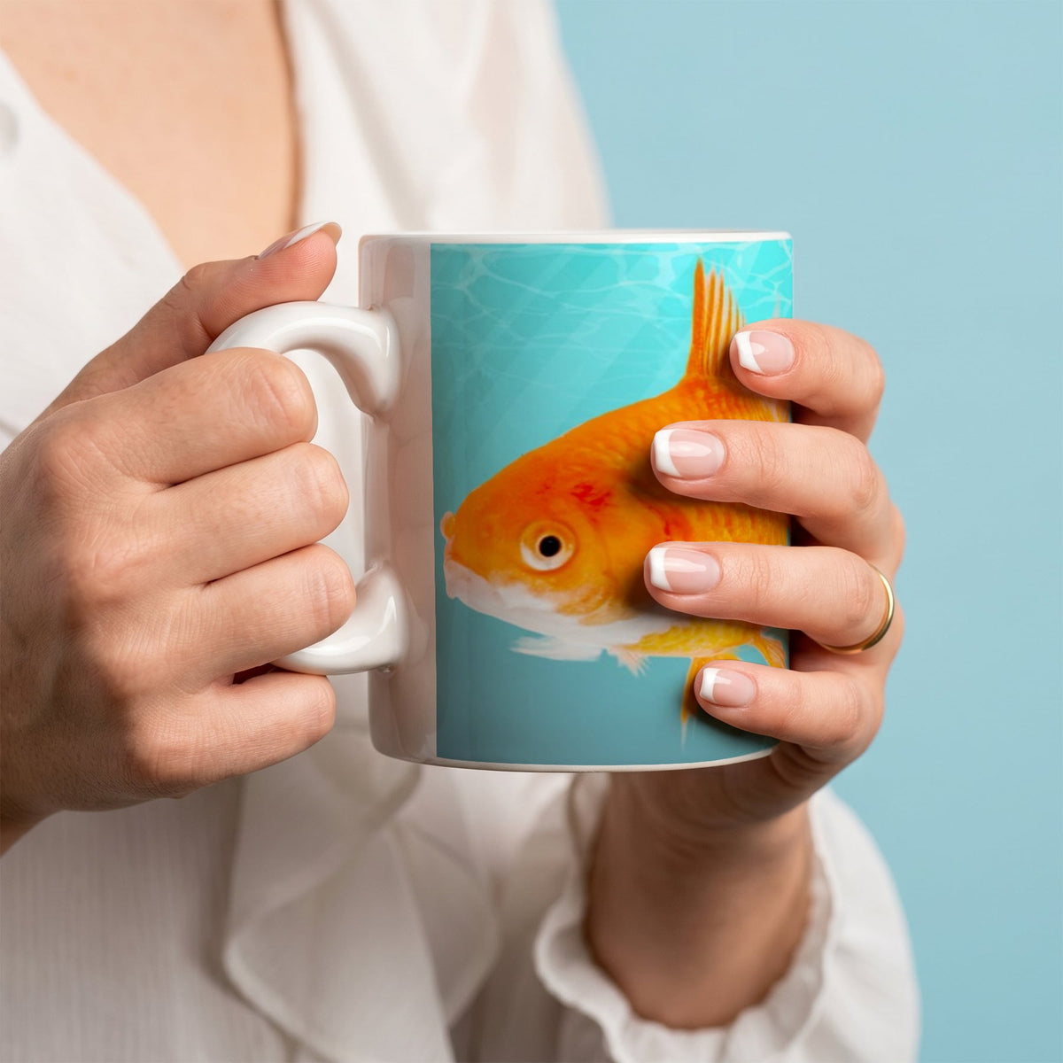 White Ceramic 11oz Mug - Orange goldfish with turquoise water and handwritten inspiration text