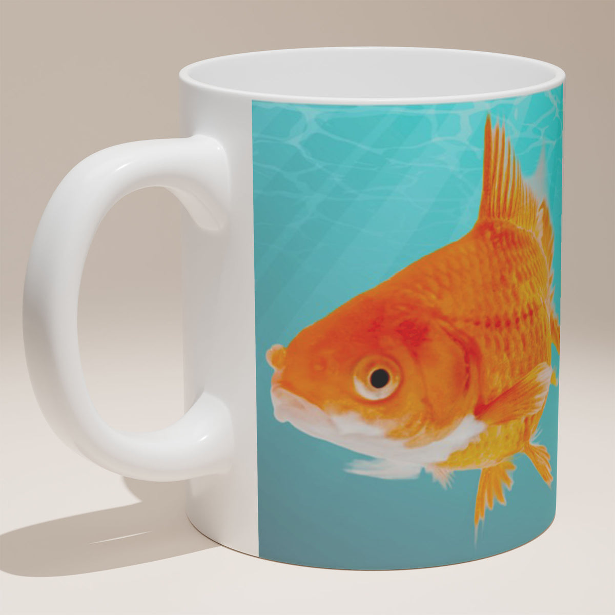White Ceramic 11oz Mug - Bright goldfish artwork with life goes on motivational message