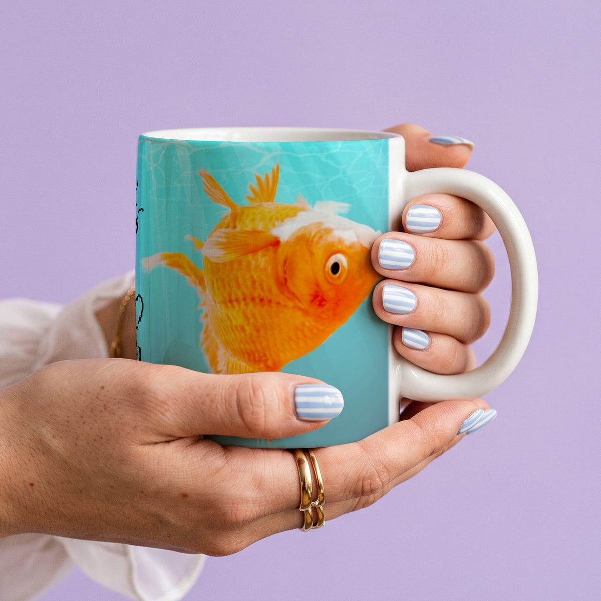 White Ceramic 11oz Mug - Two golden fish on turquoise background with uplifting quote