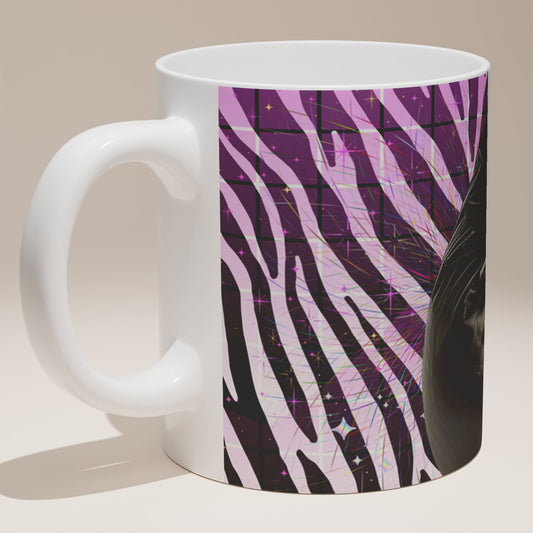 White Ceramic 11oz Mug - Tabby cat on bean bag with eye mask saying GO AWAY and peach bubble text reading Not Today on purple