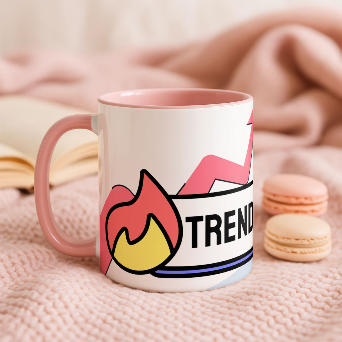 Ceramic Mug 11oz Pink - Bright trending artwork with pink upward arrow, yellow flame graphic, and blue gradient triangles on ceramic mug