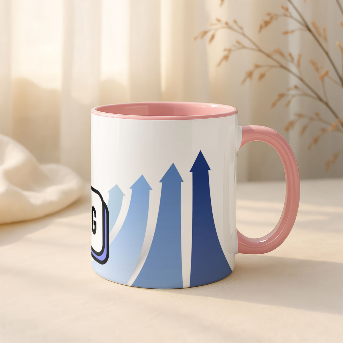 Ceramic Mug 11oz Pink - Bold motivational design featuring trending text badge, coral flame icon, and ascending blue triangles