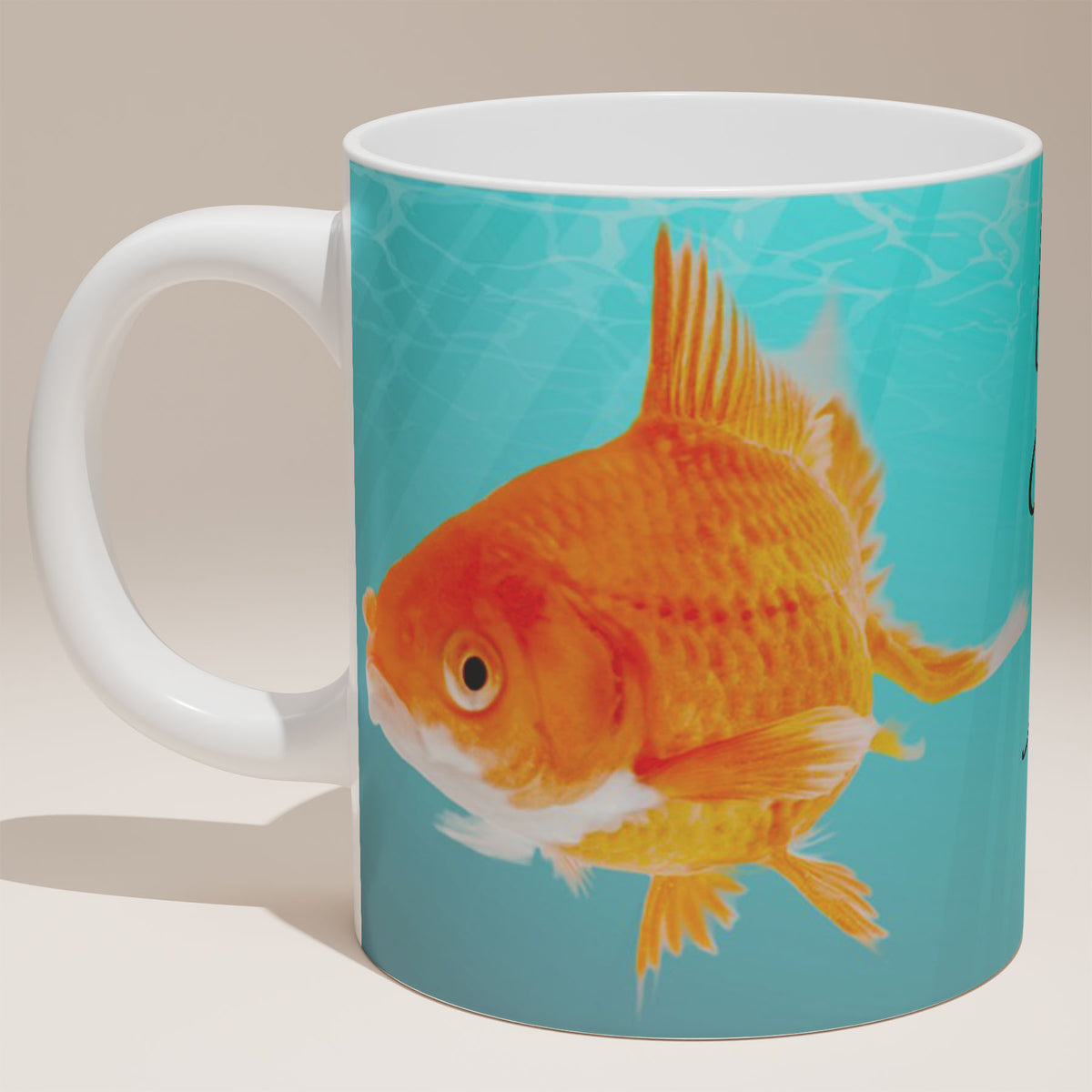 White Ceramic 11oz Mug - Colourful goldfish illustration with positive handwritten text design