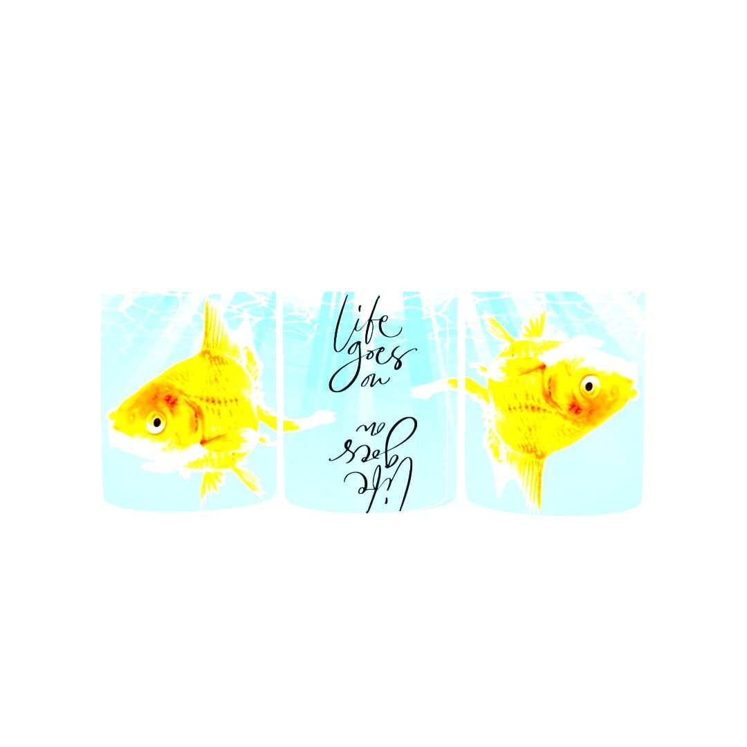 White Ceramic 11oz Mug - Inspirational fish artwork featuring playful orange goldfish and kind words