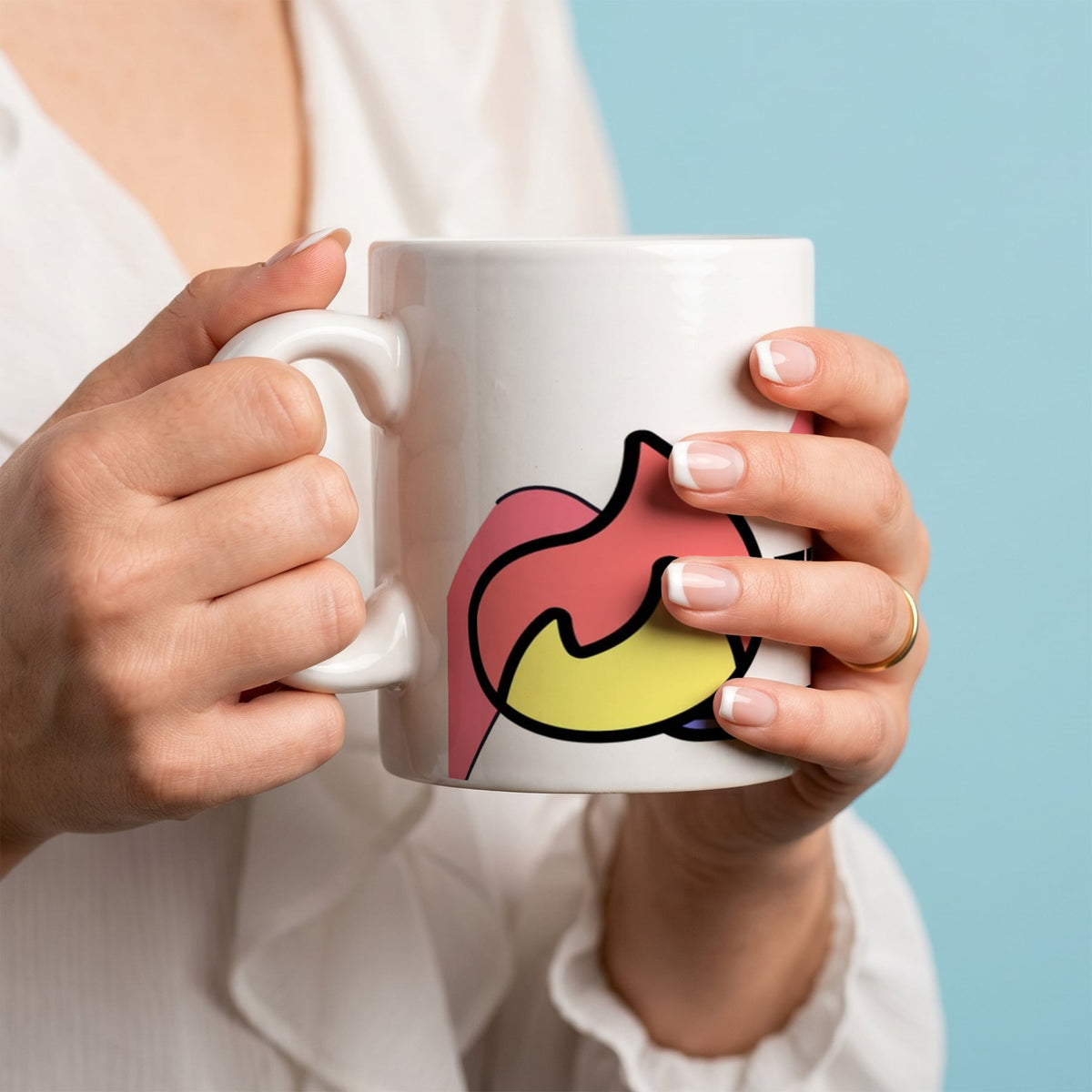 White Ceramic 11oz Mug - Trending badge with pink upward arrow and flame icon on white ceramic mug