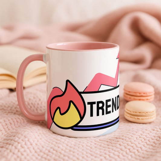 Ceramic Mug 11oz Pink - Bright trending artwork with pink upward arrow, yellow flame graphic, and blue gradient triangles on ceramic mug