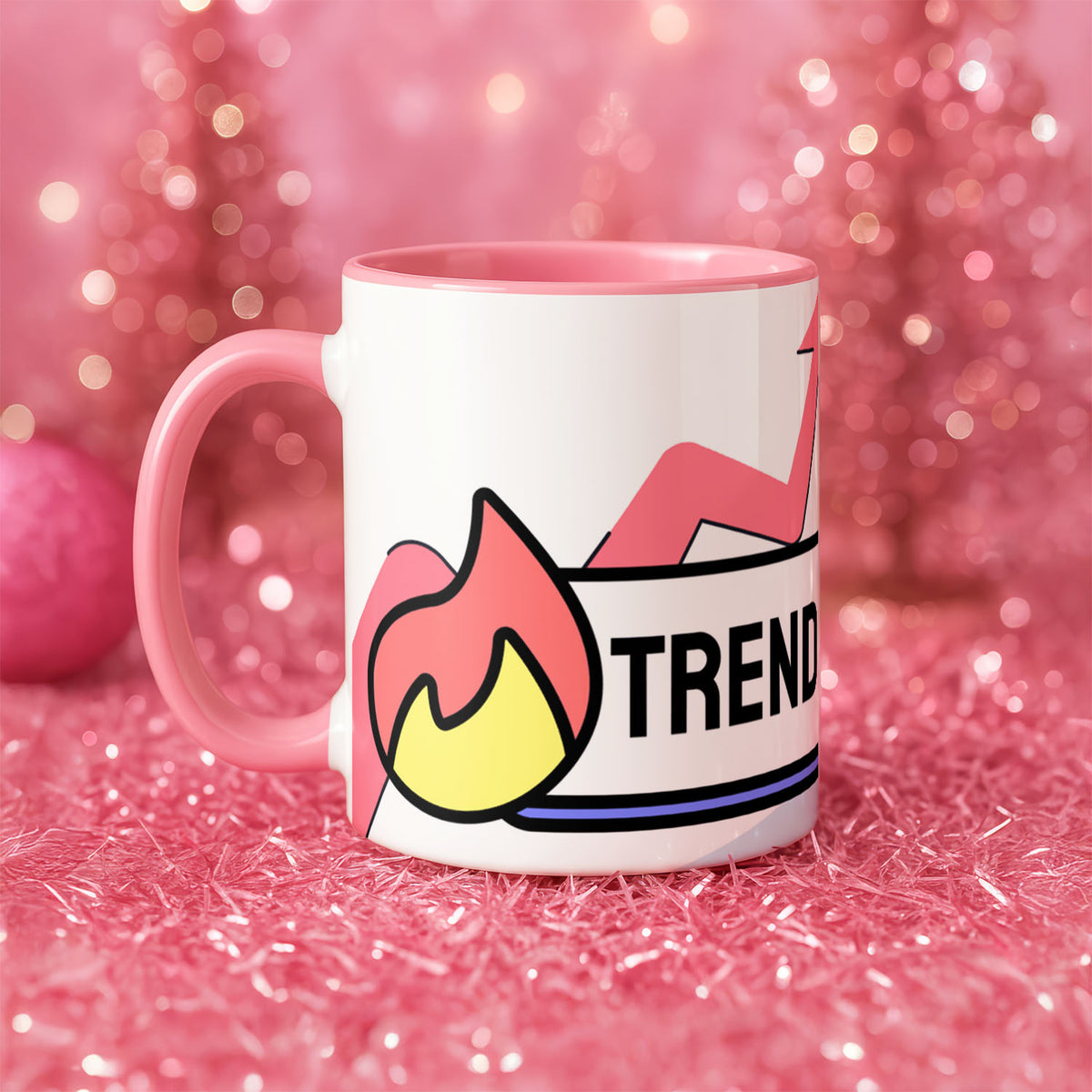 Ceramic Mug 11oz Pink - Modern minimalist trending graphic with dynamic arrow trajectory and layered geometric shapes in pink and blue
