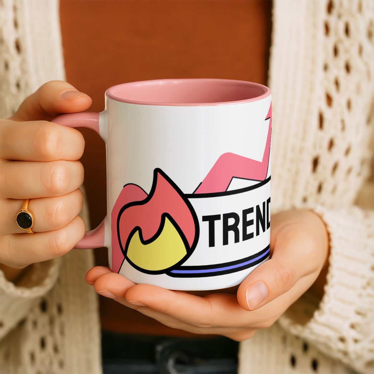 Ceramic Mug 11oz Pink - Energetic success-themed mug displaying trending label, stylized flame, and upward-pointing growth chart elements